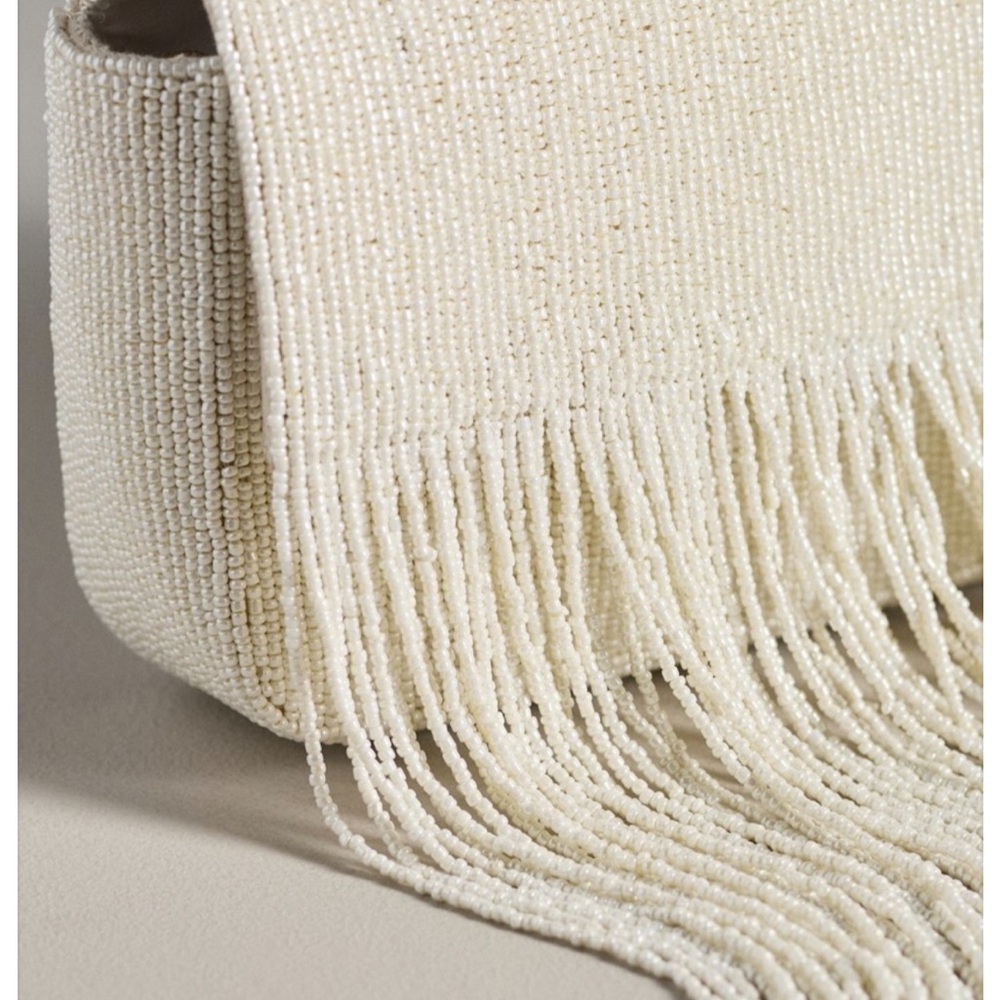Anthropologie Ivory Beaded Fringe Top-Handle Clutch - Picture 3 of 6